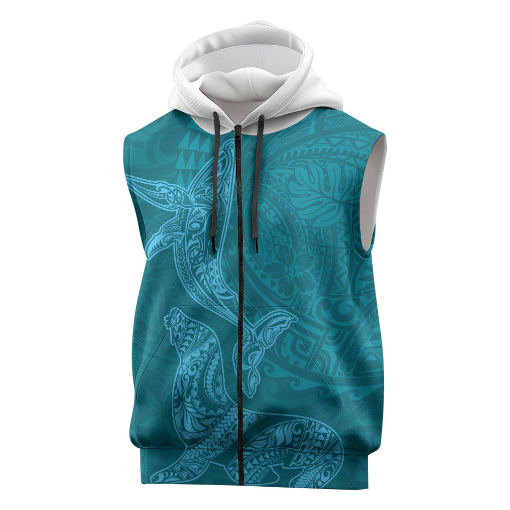 Hawaiian Monk Seal and Whale Sleeveless Zip Hoodie Kakau Tribal Pattern Teal Color