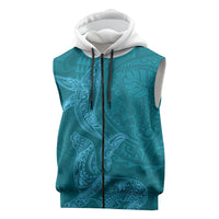 Hawaiian Monk Seal and Whale Sleeveless Zip Hoodie Kakau Tribal Pattern Teal Color