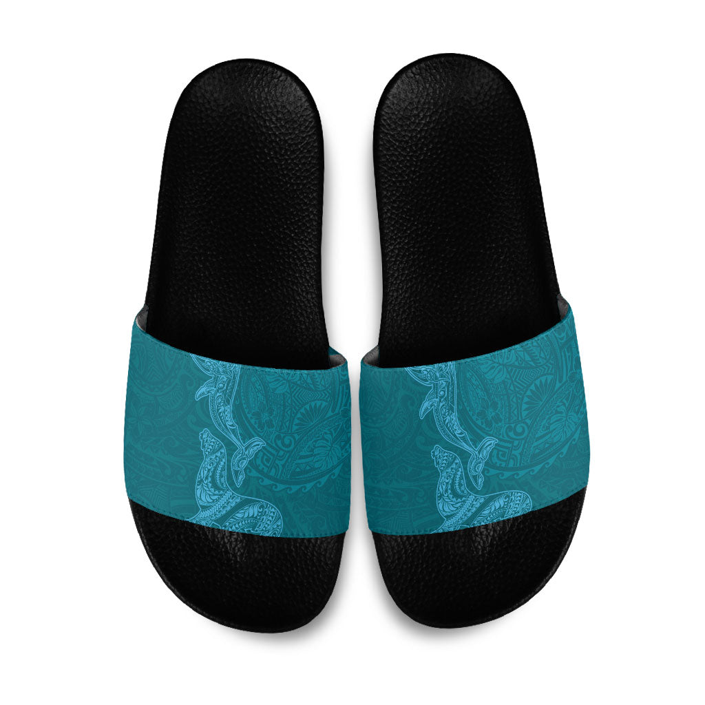 Hawaiian Monk Seal and Whale Slide Sandals Kakau Tribal Pattern Teal Color