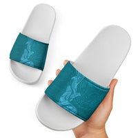 Hawaiian Monk Seal and Whale Slide Sandals Kakau Tribal Pattern Teal Color