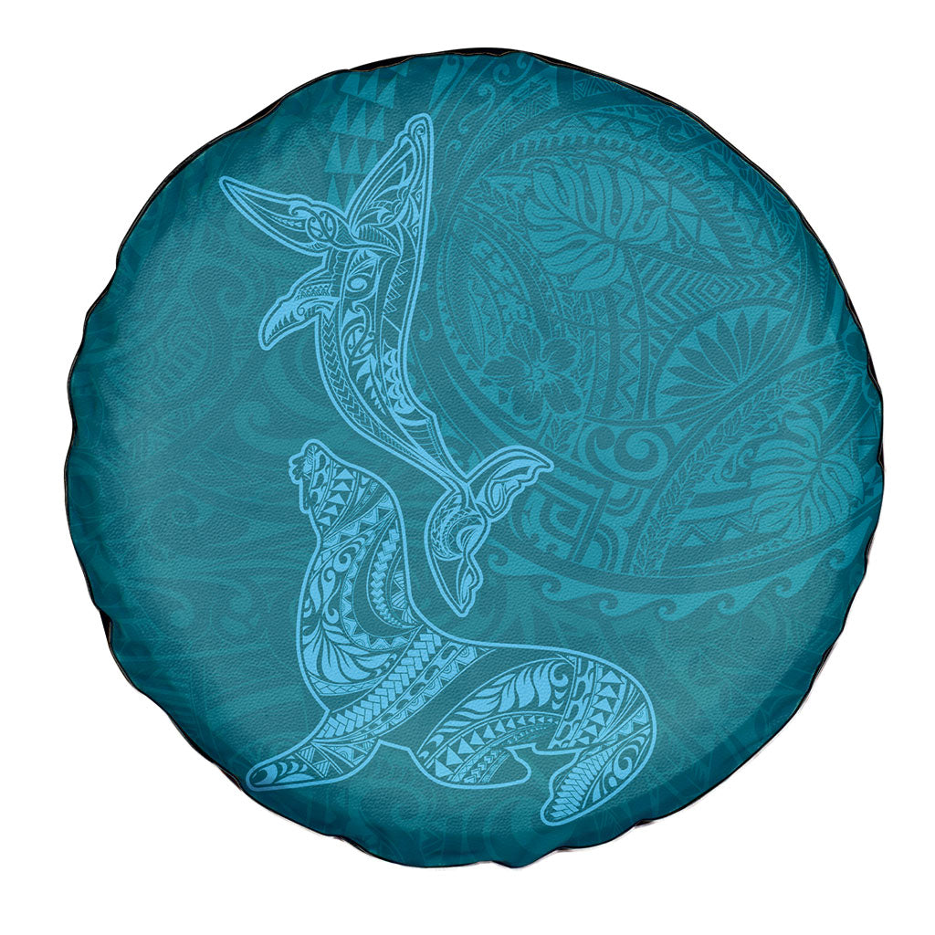 Hawaiian Monk Seal and Whale Spare Tire Cover Kakau Tribal Pattern Teal Color