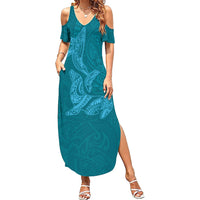 Hawaiian Monk Seal and Whale Summer Maxi Dress Kakau Tribal Pattern Teal Color