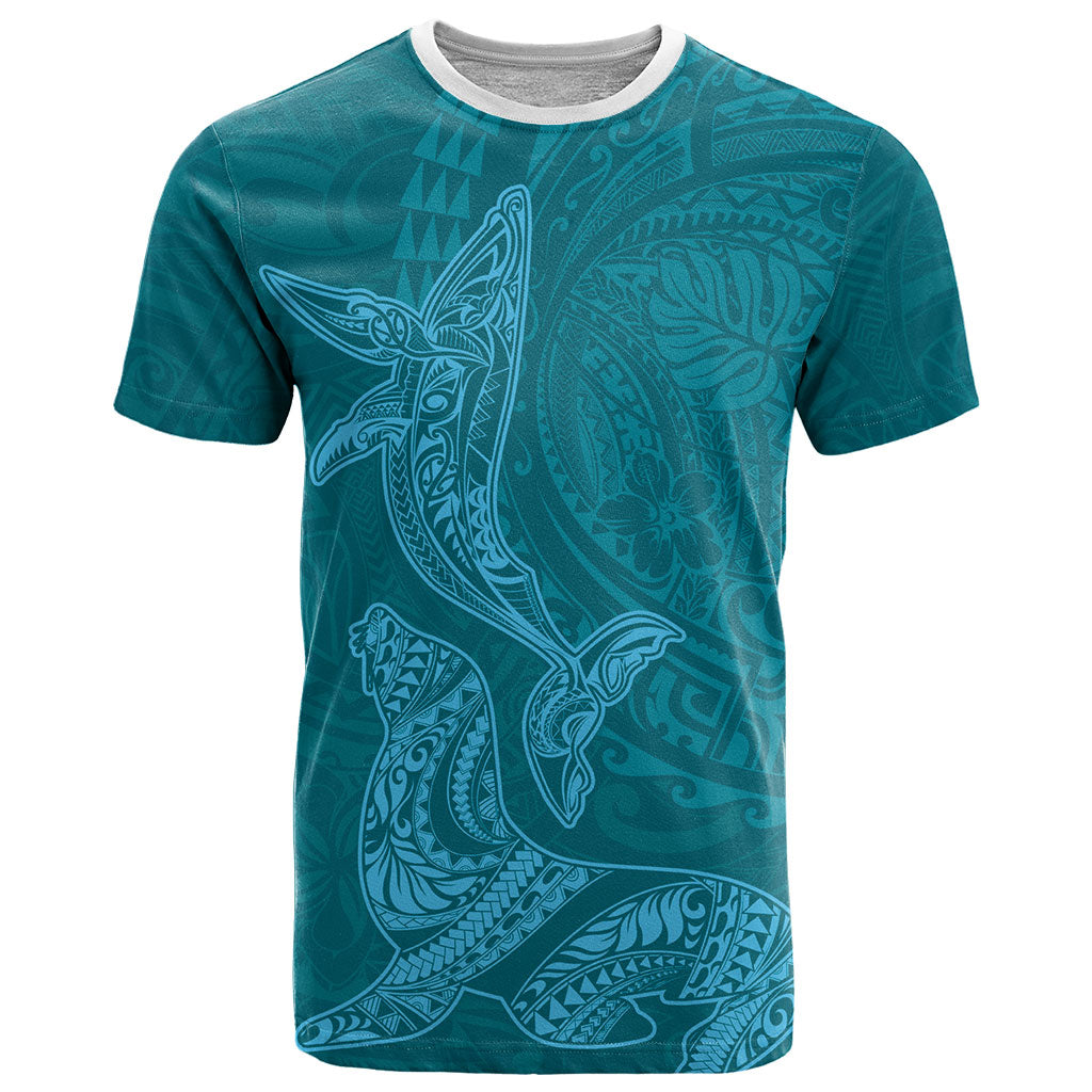 Hawaiian Monk Seal and Whale T Shirt Kakau Tribal Pattern Teal Color