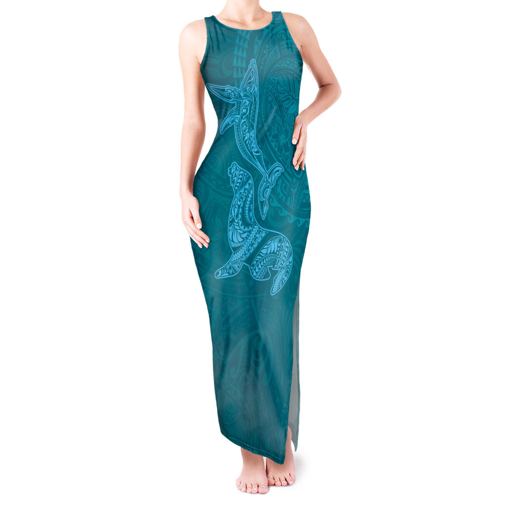 Hawaiian Monk Seal and Whale Tank Maxi Dress Kakau Tribal Pattern Teal Color