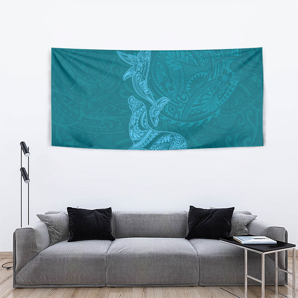 Hawaiian Monk Seal and Whale Tapestry Kakau Tribal Pattern Teal Color