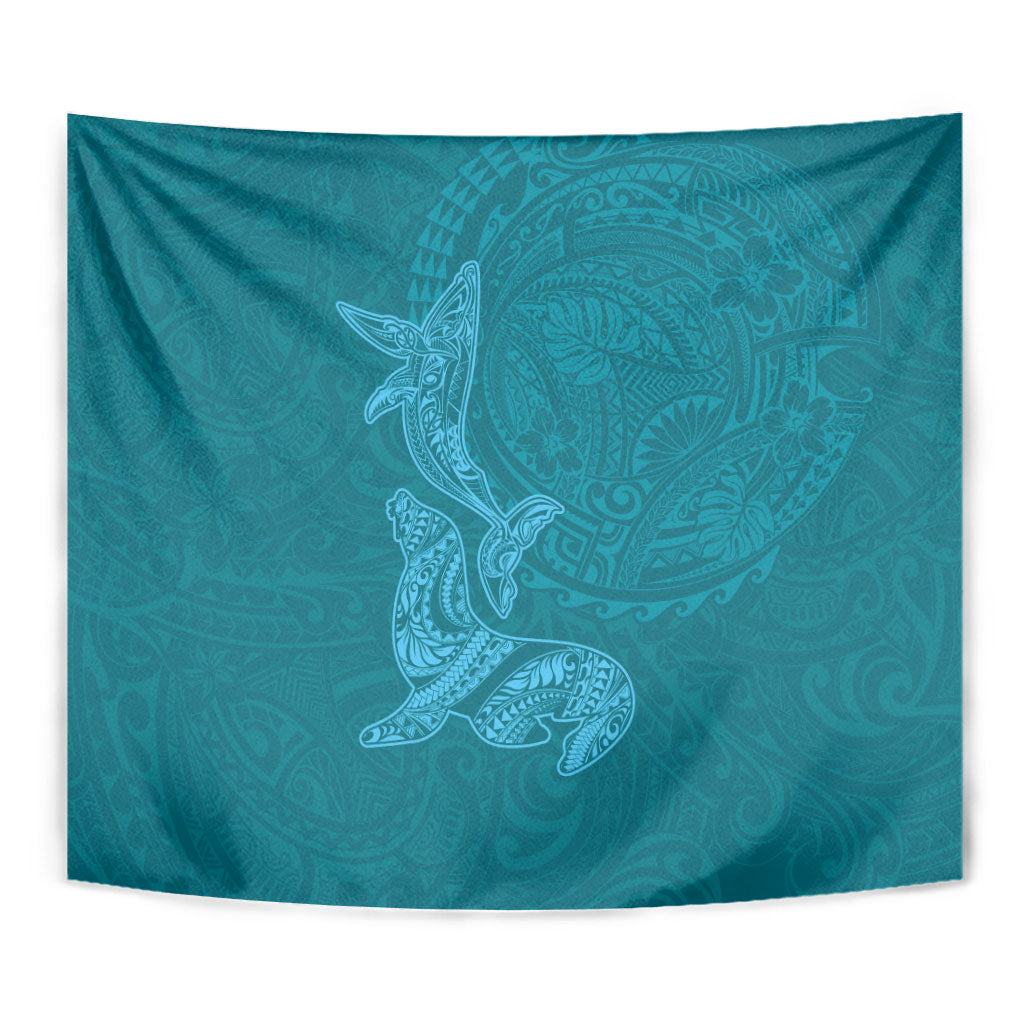 Hawaiian Monk Seal and Whale Tapestry Kakau Tribal Pattern Teal Color