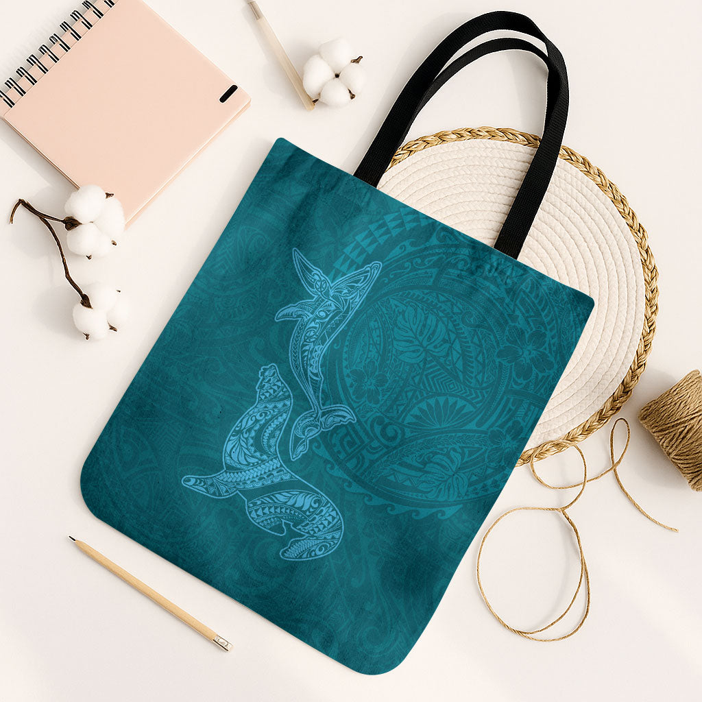 Hawaiian Monk Seal and Whale Tote Bag Kakau Tribal Pattern Teal Color