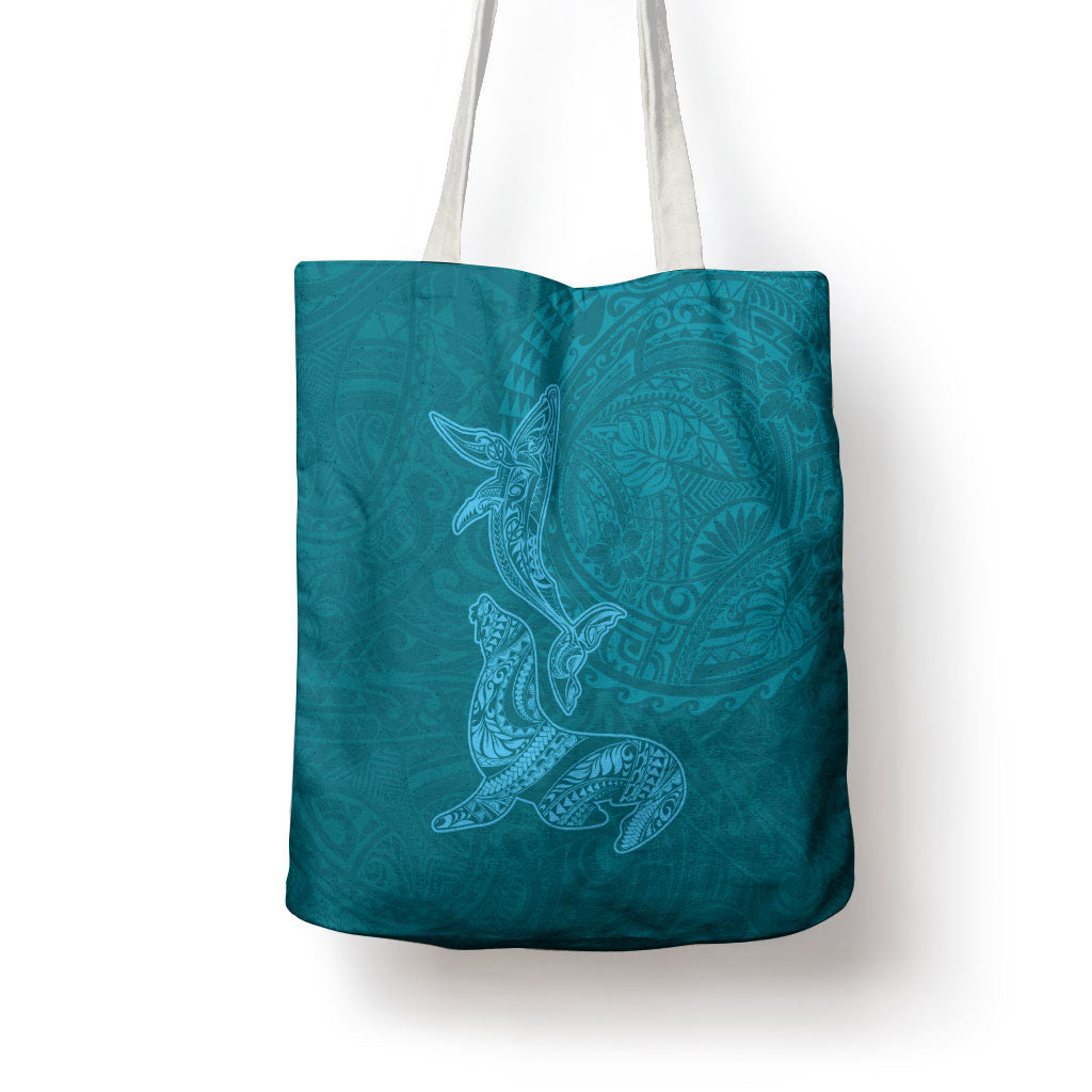 Hawaiian Monk Seal and Whale Tote Bag Kakau Tribal Pattern Teal Color