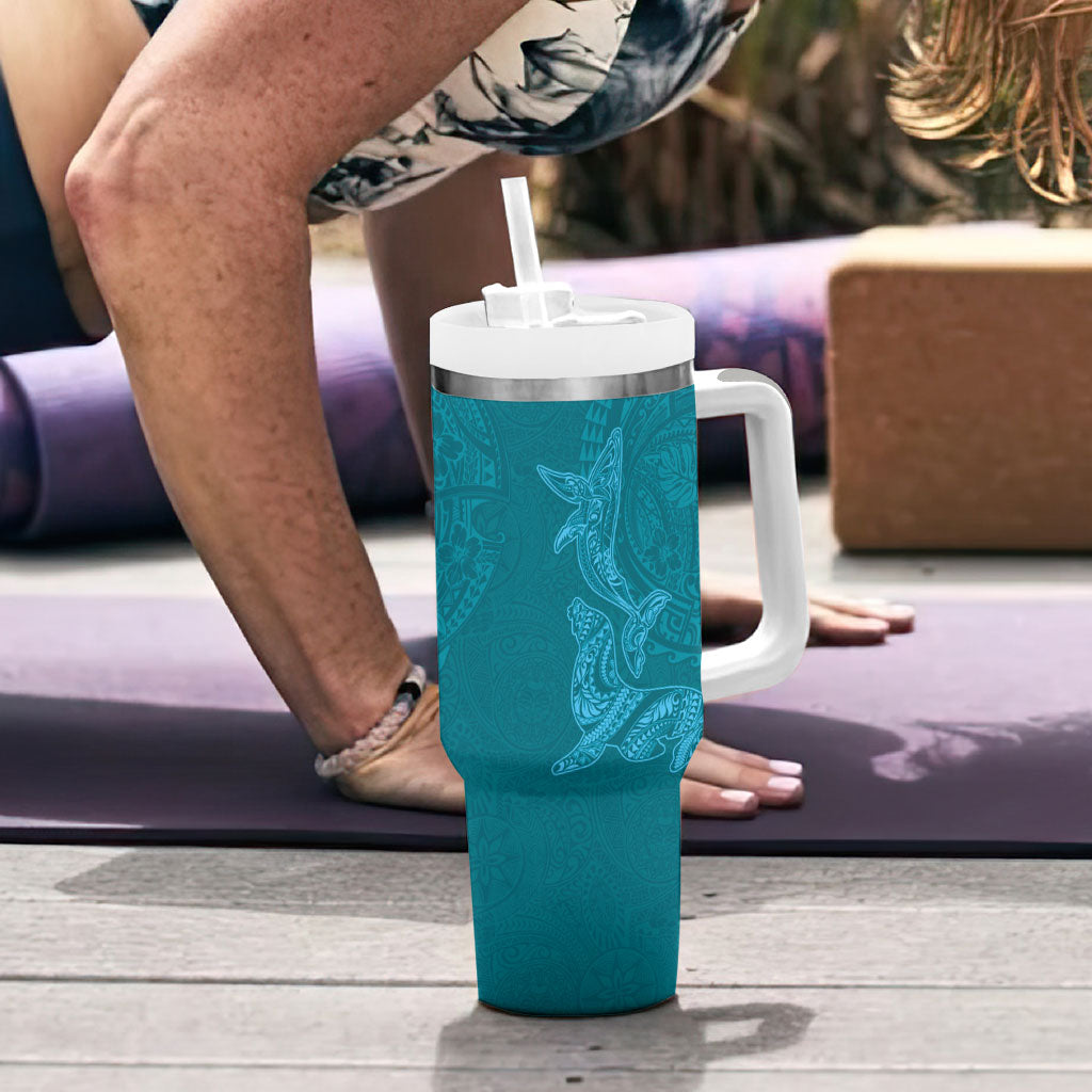 Hawaiian Monk Seal and Whale Tumbler With Handle Kakau Tribal Pattern Teal Color