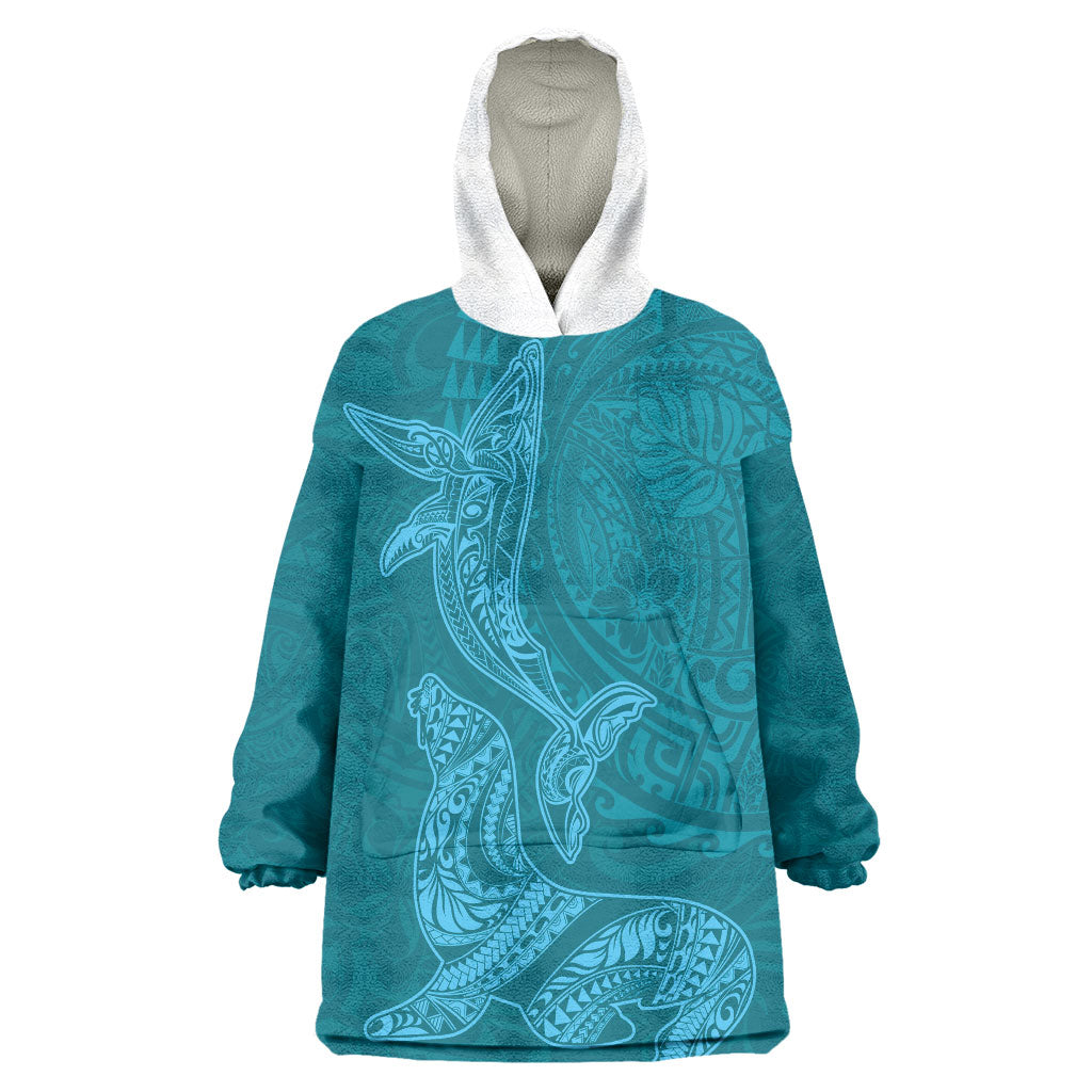 Hawaiian Monk Seal and Whale Wearable Blanket Hoodie Kakau Tribal Pattern Teal Color LT03 One Size Teal - Polynesian Pride