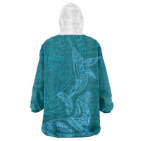 Hawaiian Monk Seal and Whale Wearable Blanket Hoodie Kakau Tribal Pattern Teal Color LT03 - Polynesian Pride