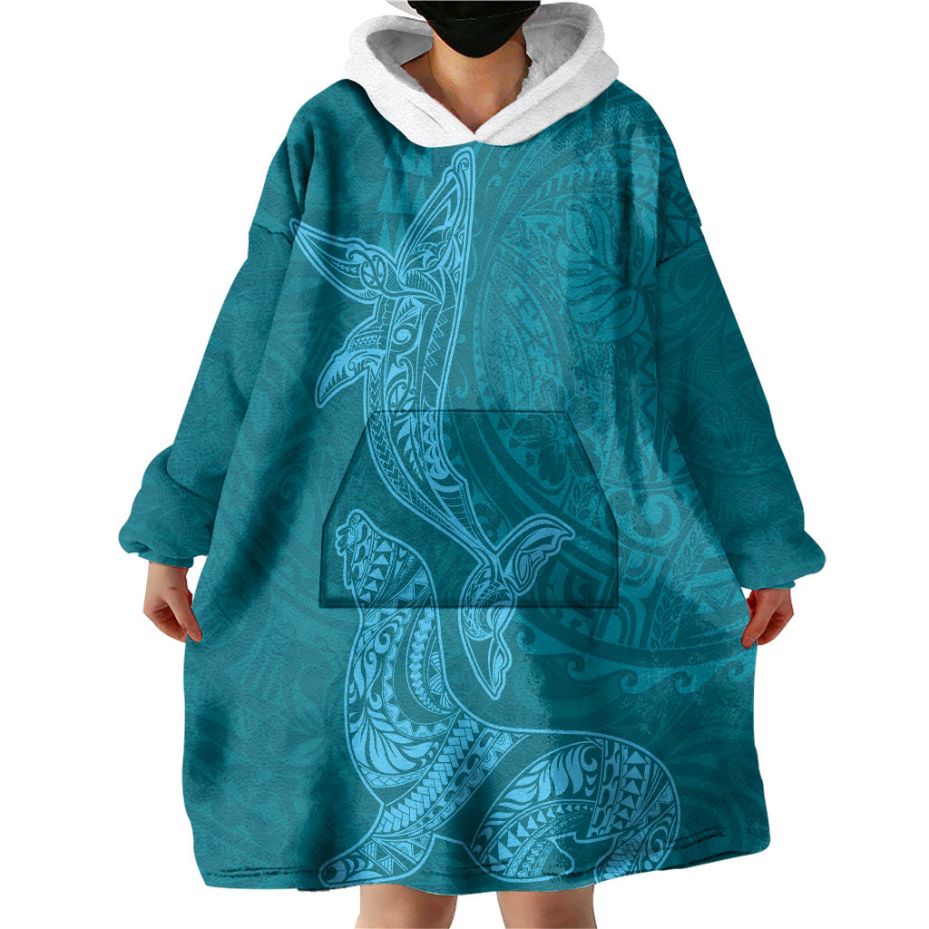 Hawaiian Monk Seal and Whale Wearable Blanket Hoodie Kakau Tribal Pattern Teal Color LT03 - Polynesian Pride