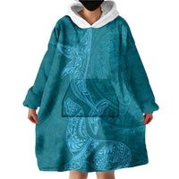 Hawaiian Monk Seal and Whale Wearable Blanket Hoodie Kakau Tribal Pattern Teal Color LT03 - Polynesian Pride
