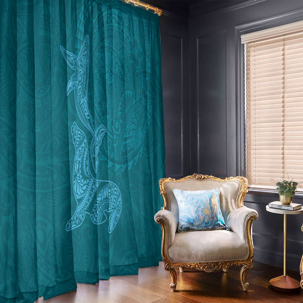 Hawaiian Monk Seal and Whale Window Curtain Kakau Tribal Pattern Teal Color