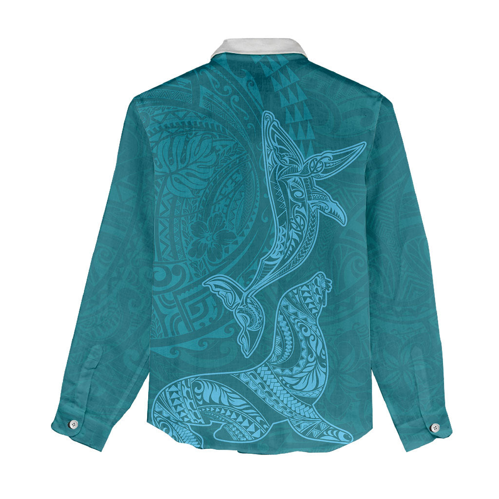 Hawaiian Monk Seal and Whale Women Casual Shirt Kakau Tribal Pattern Teal Color
