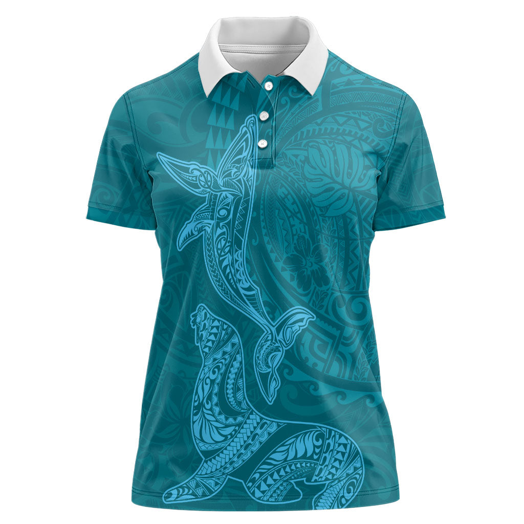 Hawaiian Monk Seal and Whale Women Polo Shirt Kakau Tribal Pattern Teal Color