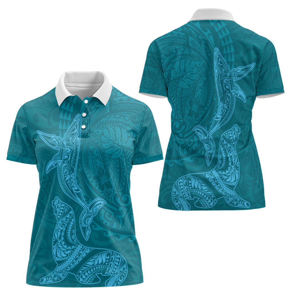 Hawaiian Monk Seal and Whale Women Polo Shirt Kakau Tribal Pattern Teal Color