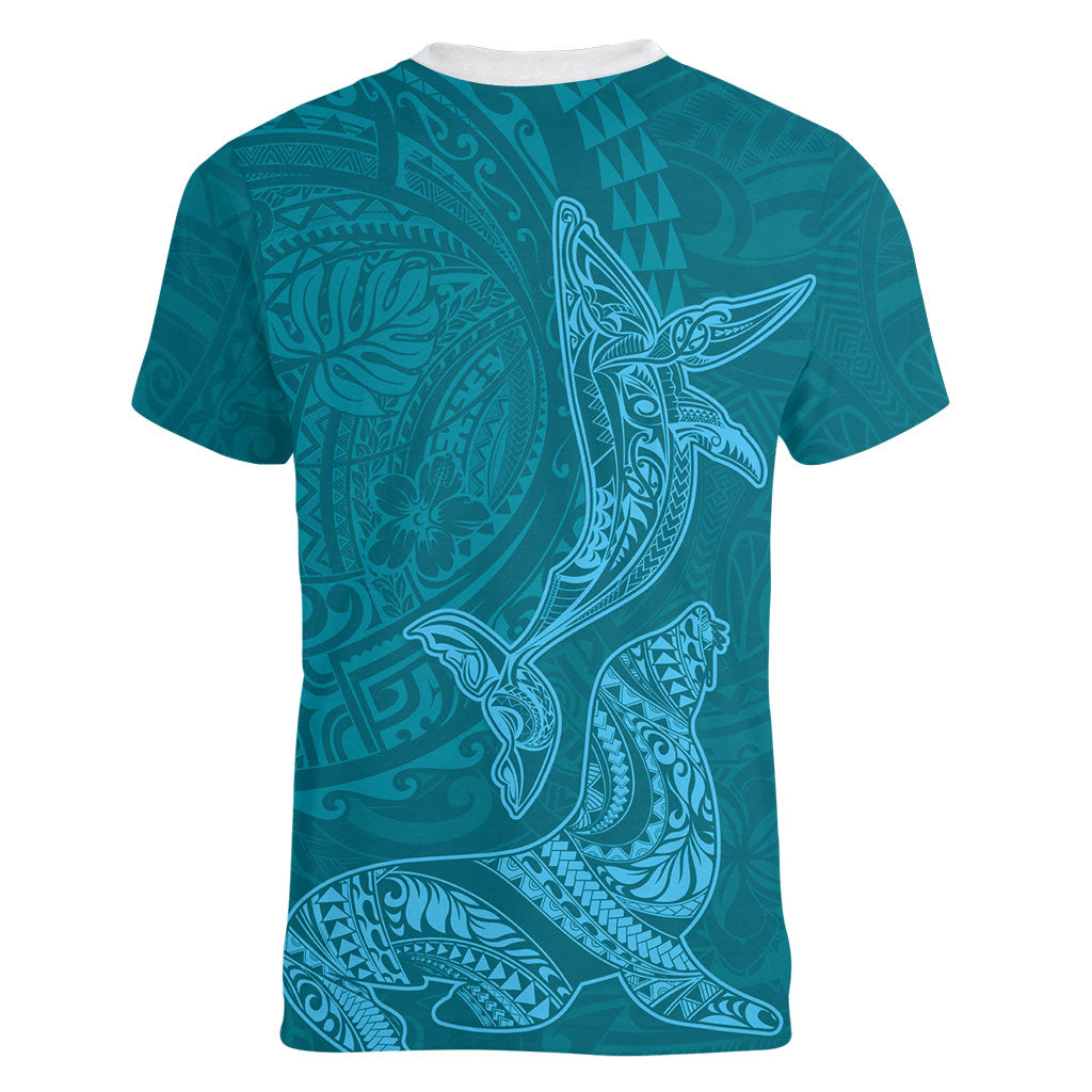 Hawaiian Monk Seal and Whale Women V-Neck T-Shirt Kakau Tribal Pattern Teal Color