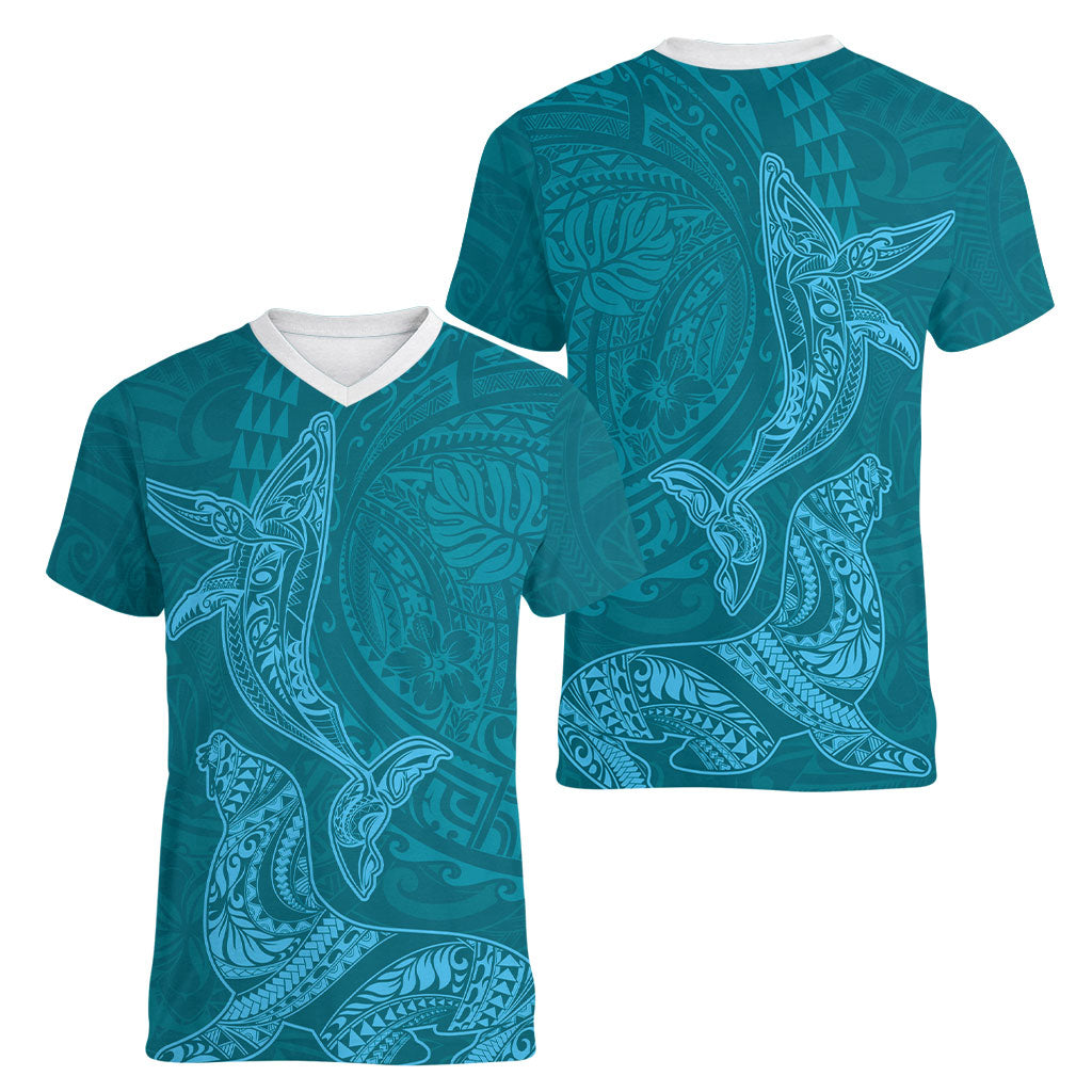 Hawaiian Monk Seal and Whale Women V-Neck T-Shirt Kakau Tribal Pattern Teal Color