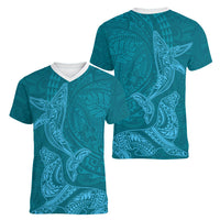 Hawaiian Monk Seal and Whale Women V-Neck T-Shirt Kakau Tribal Pattern Teal Color