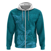 Hawaiian Monk Seal and Whale Zip Hoodie Kakau Tribal Pattern Teal Color