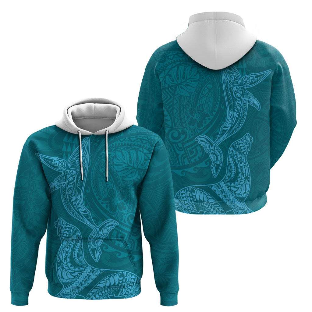 Hawaiian Monk Seal and Whale Zip Hoodie Kakau Tribal Pattern Teal Color