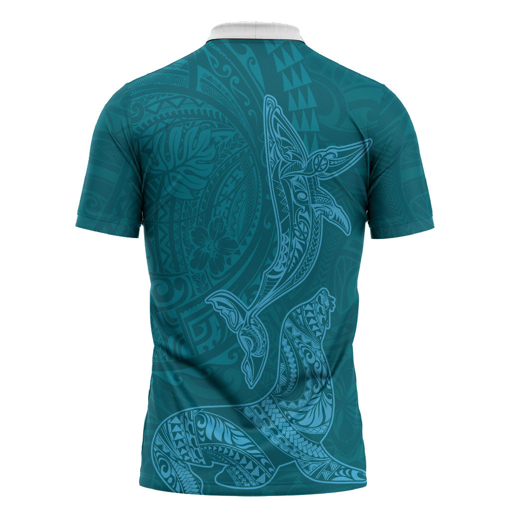 Hawaiian Monk Seal and Whale Zipper Polo Shirt Kakau Tribal Pattern Teal Color