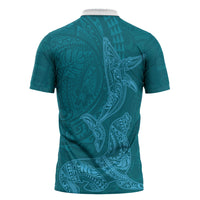 Hawaiian Monk Seal and Whale Zipper Polo Shirt Kakau Tribal Pattern Teal Color