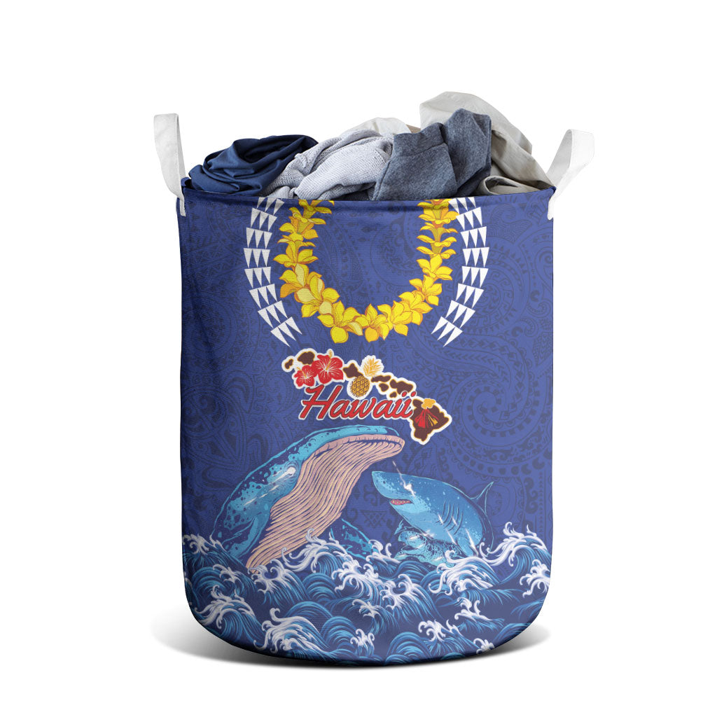 Hawaiian Sea Animals Laundry Basket Whales Shark and Turtle Guardians with Tribal Pattern