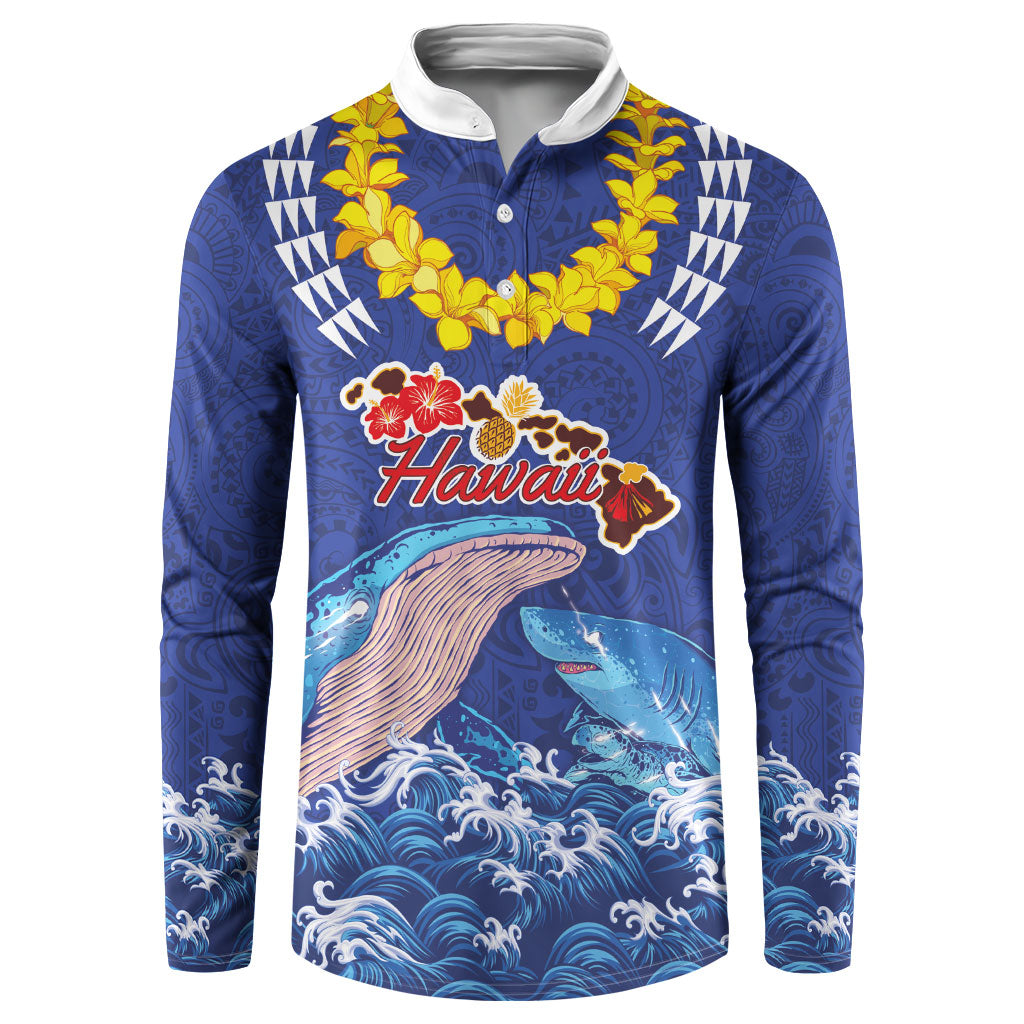 Hawaiian Sea Animals Button Sweatshirt Whales Shark and Turtle Guardians with Tribal Pattern