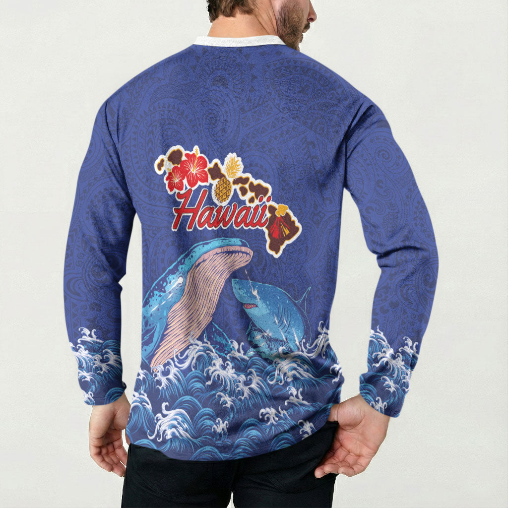 Hawaiian Sea Animals Button Sweatshirt Whales Shark and Turtle Guardians with Tribal Pattern