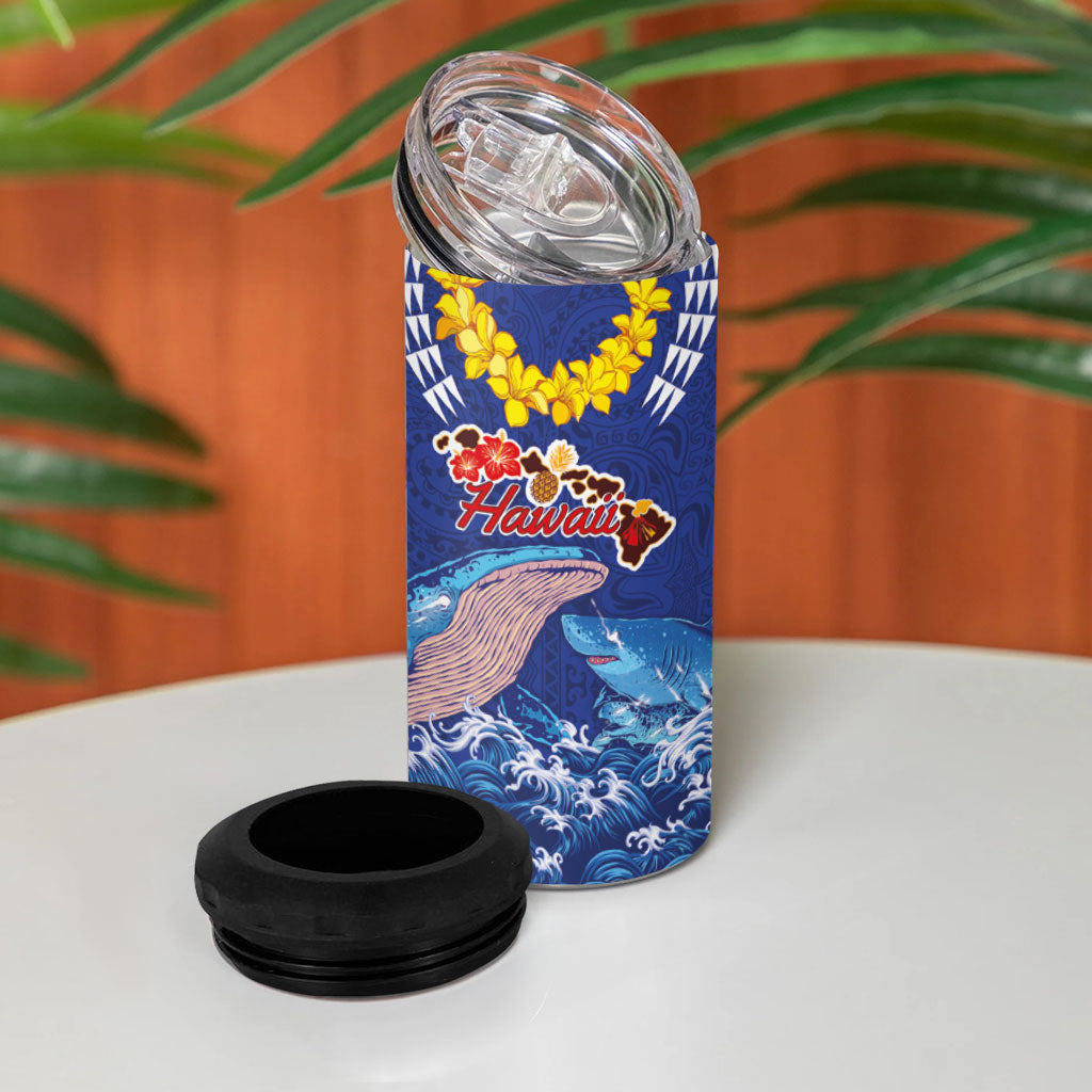 Hawaiian Sea Animals 4 in 1 Can Cooler Tumbler Whales Shark and Turtle Guardians with Tribal Pattern