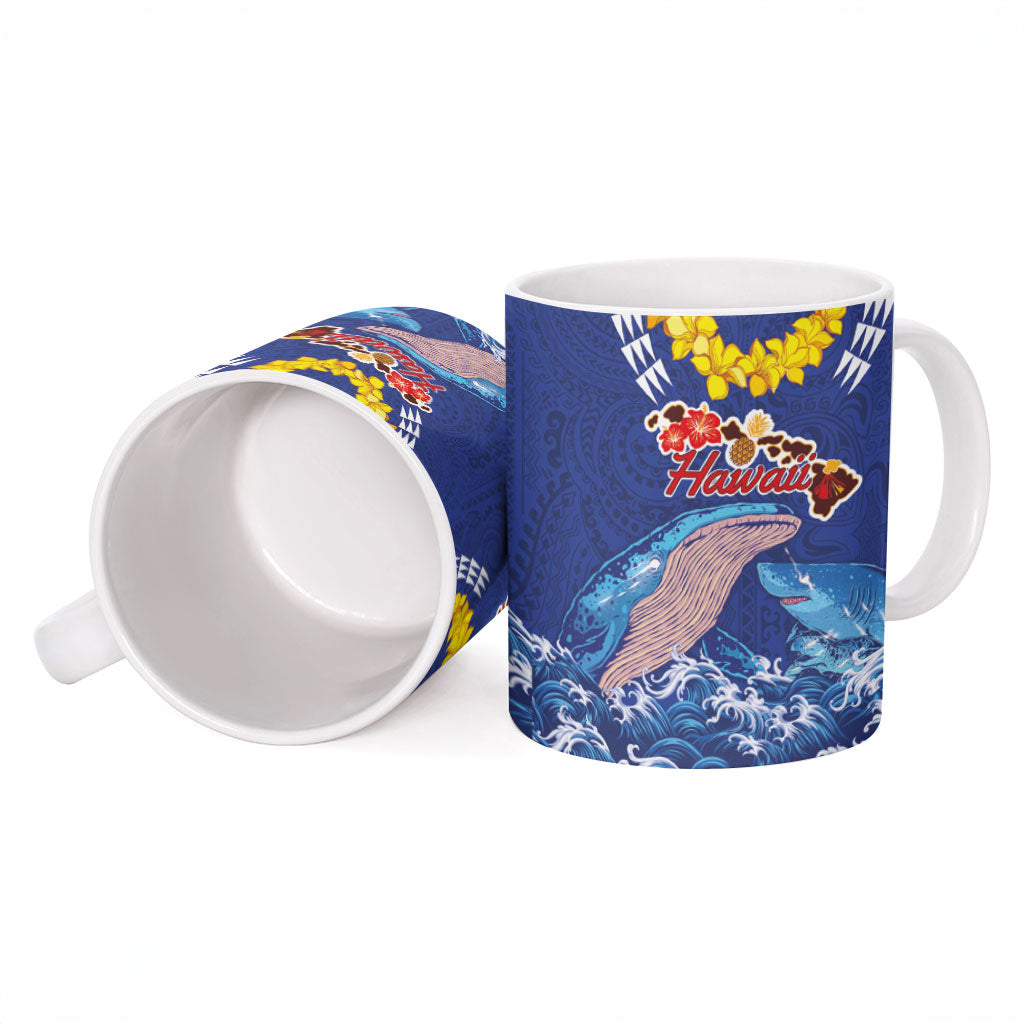 Hawaiian Sea Animals Ceramic Mug Whales Shark and Turtle Guardians with Tribal Pattern