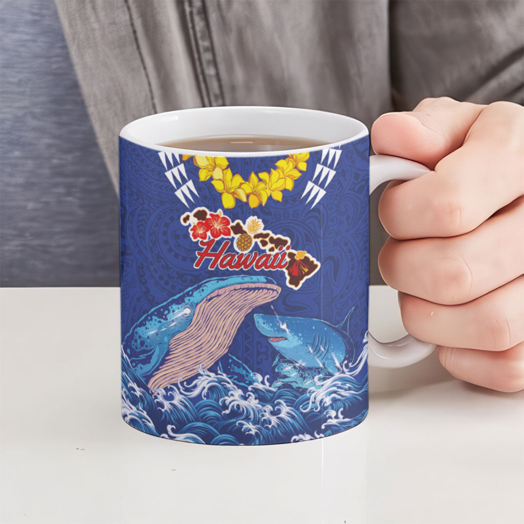 Hawaiian Sea Animals Ceramic Mug Whales Shark and Turtle Guardians with Tribal Pattern