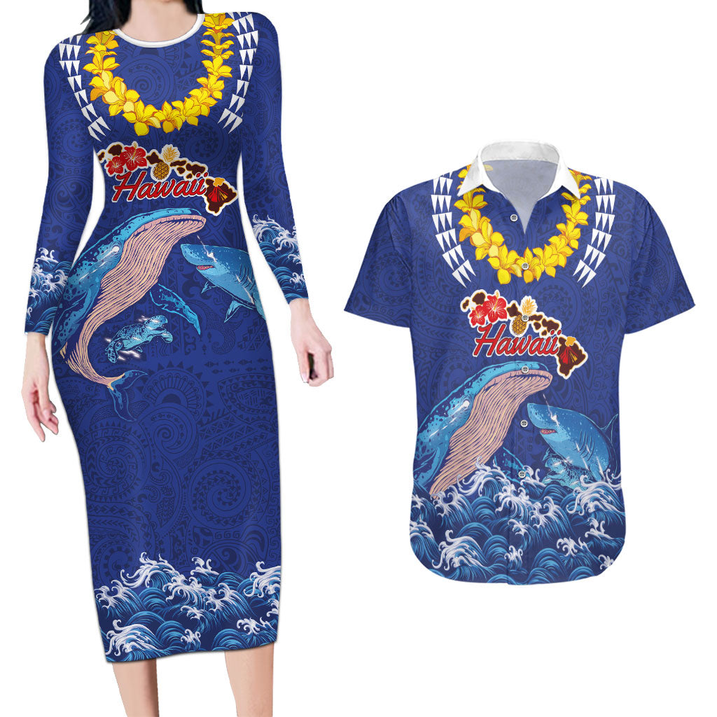 Hawaiian Sea Animals Couples Matching Long Sleeve Bodycon Dress and Hawaiian Shirt Whales Shark and Turtle Guardians with Tribal Pattern