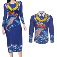 Hawaiian Sea Animals Couples Matching Long Sleeve Bodycon Dress and Long Sleeve Button Shirt Whales Shark and Turtle Guardians with Tribal Pattern LT03 Blue - Polynesian Pride