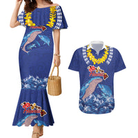 Hawaiian Sea Animals Couples Matching Mermaid Dress and Hawaiian Shirt Whales Shark and Turtle Guardians with Tribal Pattern LT03 Blue - Polynesian Pride