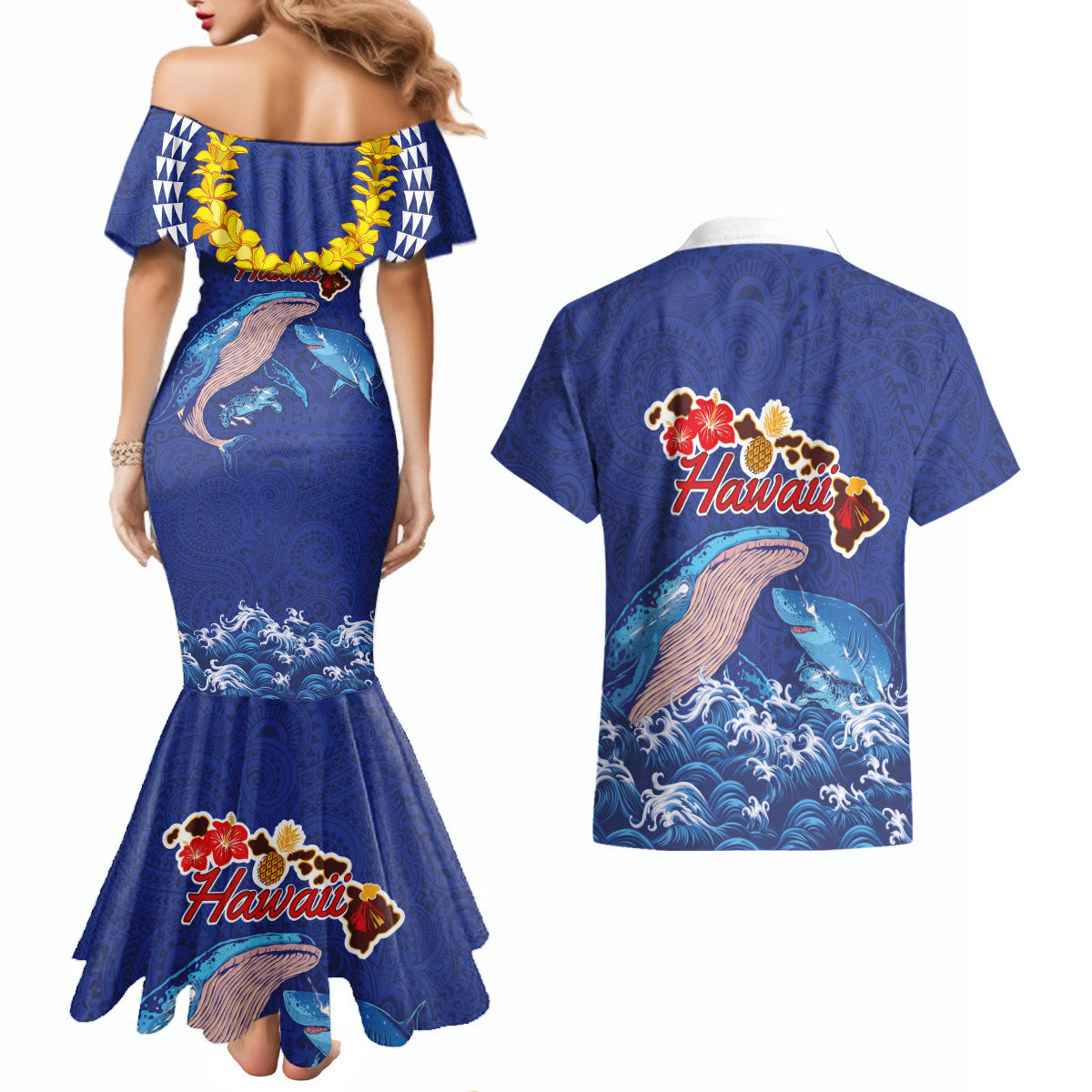 Hawaiian Sea Animals Couples Matching Mermaid Dress and Hawaiian Shirt Whales Shark and Turtle Guardians with Tribal Pattern LT03 - Polynesian Pride