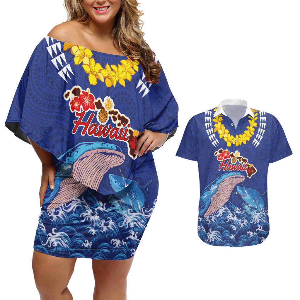 Hawaiian Sea Animals Couples Matching Off Shoulder Short Dress and Hawaiian Shirt Whales Shark and Turtle Guardians with Tribal Pattern LT03 Blue - Polynesian Pride
