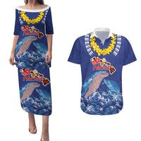 Hawaiian Sea Animals Couples Matching Puletasi and Hawaiian Shirt Whales Shark and Turtle Guardians with Tribal Pattern