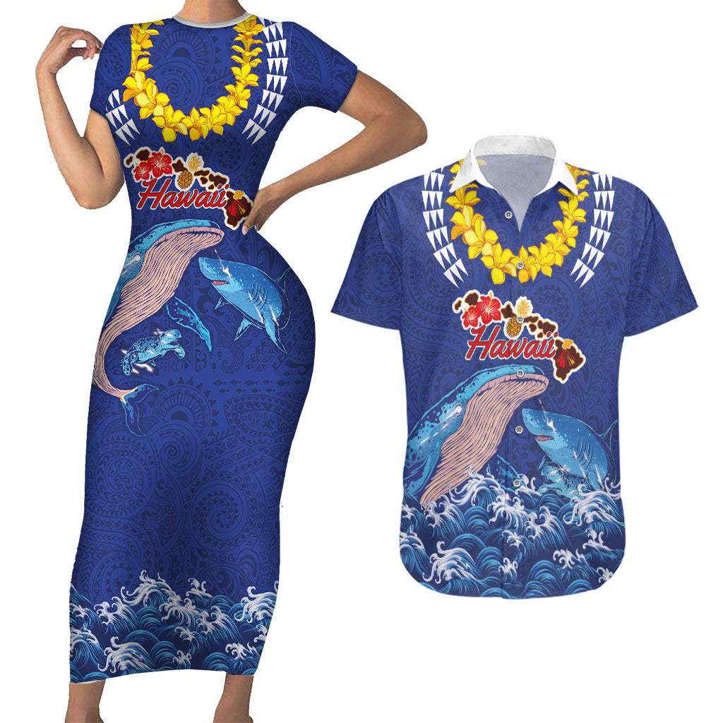 Hawaiian Sea Animals Couples Matching Short Sleeve Bodycon Dress and Hawaiian Shirt Whales Shark and Turtle Guardians with Tribal Pattern
