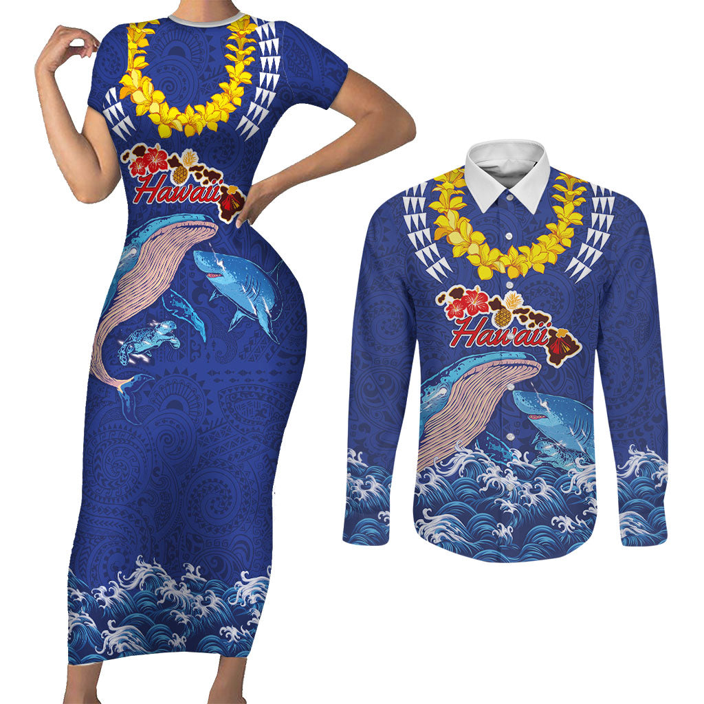 Hawaiian Sea Animals Couples Matching Short Sleeve Bodycon Dress and Long Sleeve Button Shirt Whales Shark and Turtle Guardians with Tribal Pattern LT03 Blue - Polynesian Pride