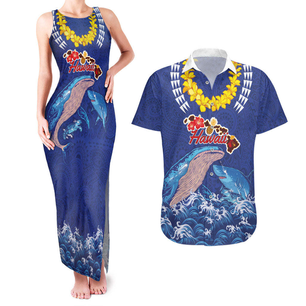 Hawaiian Sea Animals Couples Matching Tank Maxi Dress and Hawaiian Shirt Whales Shark and Turtle Guardians with Tribal Pattern LT03 Blue - Polynesian Pride
