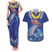 Hawaiian Sea Animals Couples Matching Tank Maxi Dress and Hawaiian Shirt Whales Shark and Turtle Guardians with Tribal Pattern LT03 Blue - Polynesian Pride