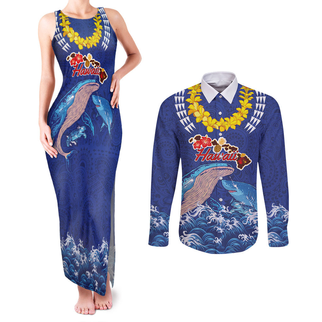 Hawaiian Sea Animals Couples Matching Tank Maxi Dress and Long Sleeve Button Shirt Whales Shark and Turtle Guardians with Tribal Pattern