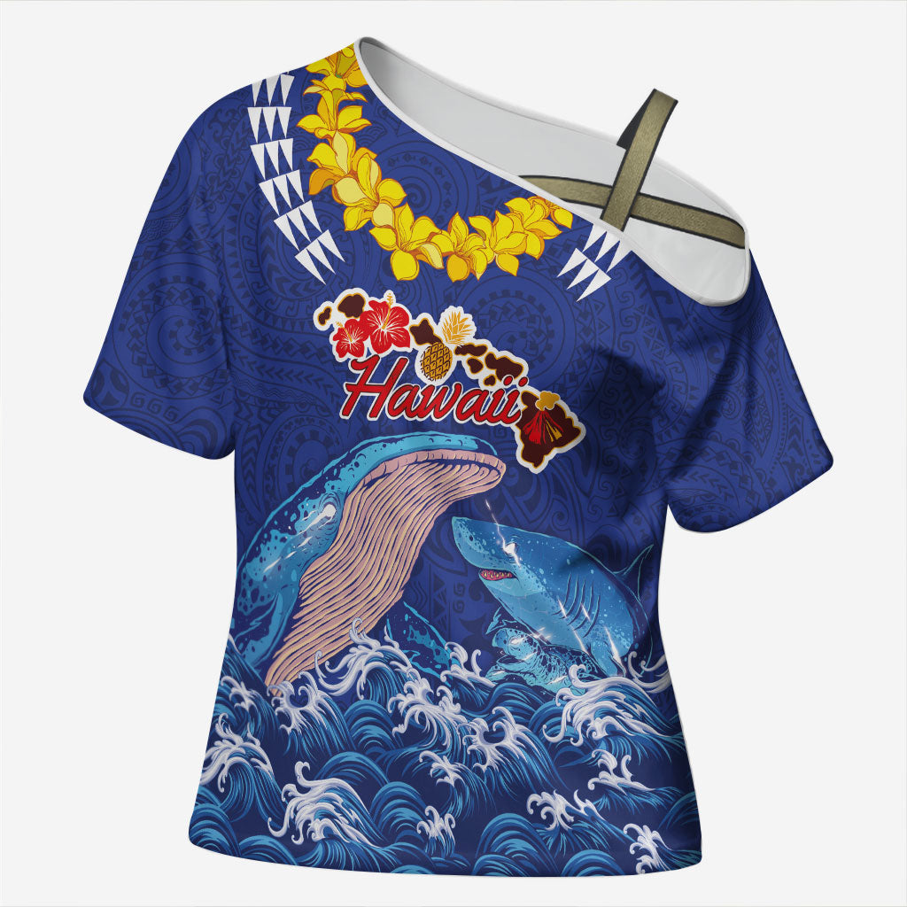 Hawaiian Sea Animals Cross Shoulder Shirt Whales Shark and Turtle Guardians with Tribal Pattern