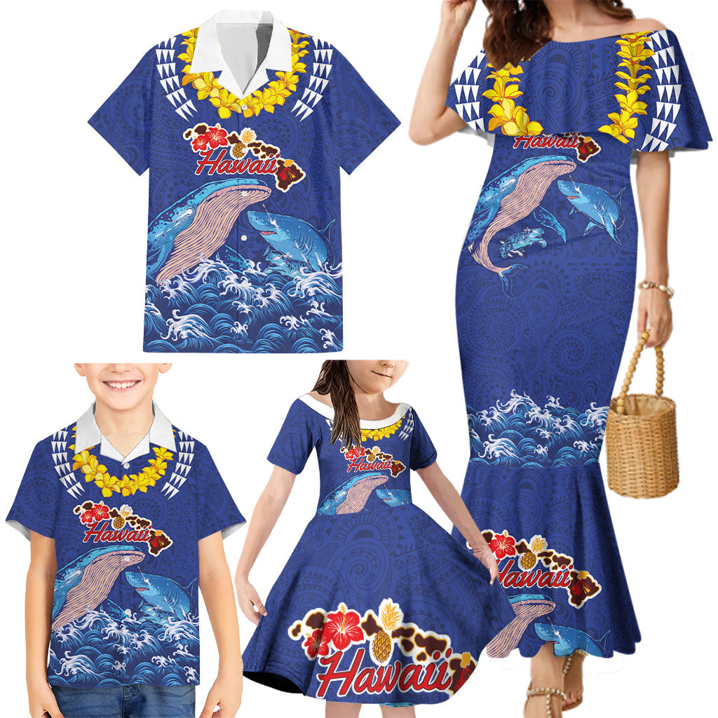 Hawaiian Sea Animals Family Matching Mermaid Dress and Hawaiian Shirt Whales Shark and Turtle Guardians with Tribal Pattern LT03 - Polynesian Pride