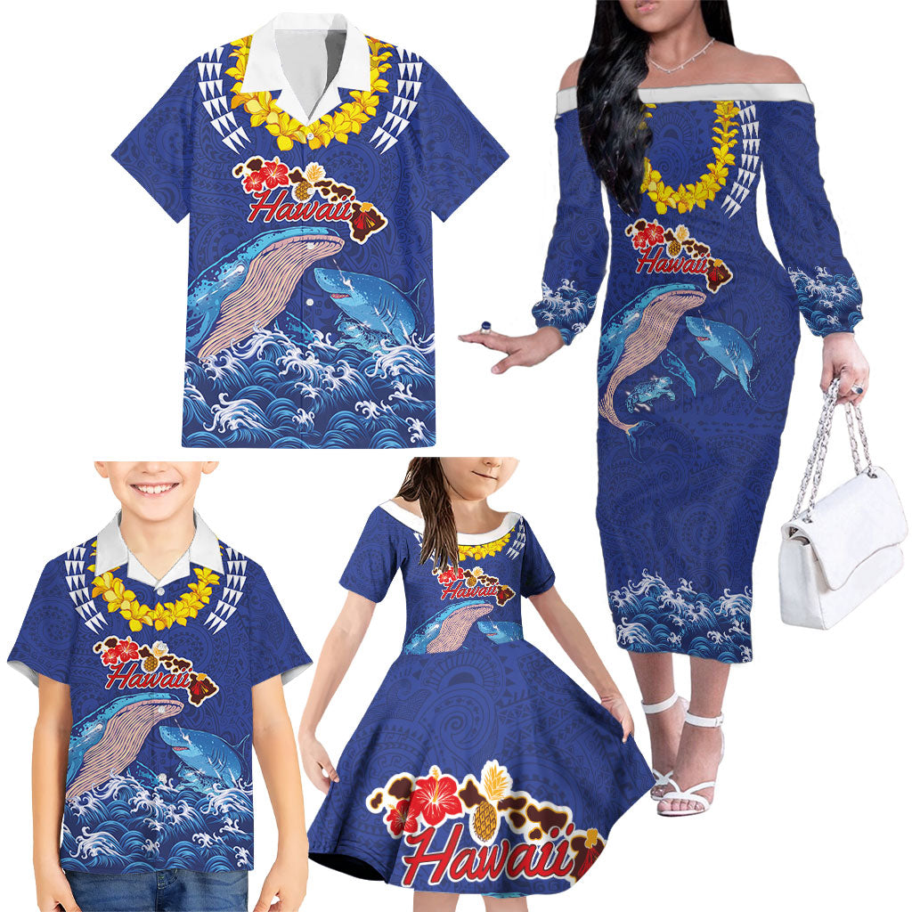 Hawaiian Sea Animals Family Matching Off The Shoulder Long Sleeve Dress and Hawaiian Shirt Whales Shark and Turtle Guardians with Tribal Pattern LT03 - Polynesian Pride
