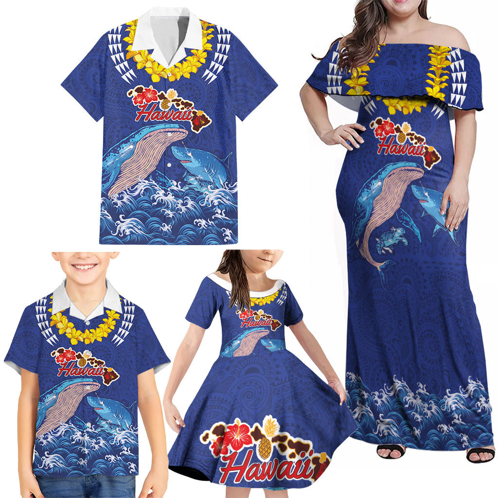 Hawaiian Sea Animals Family Matching Off Shoulder Maxi Dress and Hawaiian Shirt Whales Shark and Turtle Guardians with Tribal Pattern LT03 - Polynesian Pride