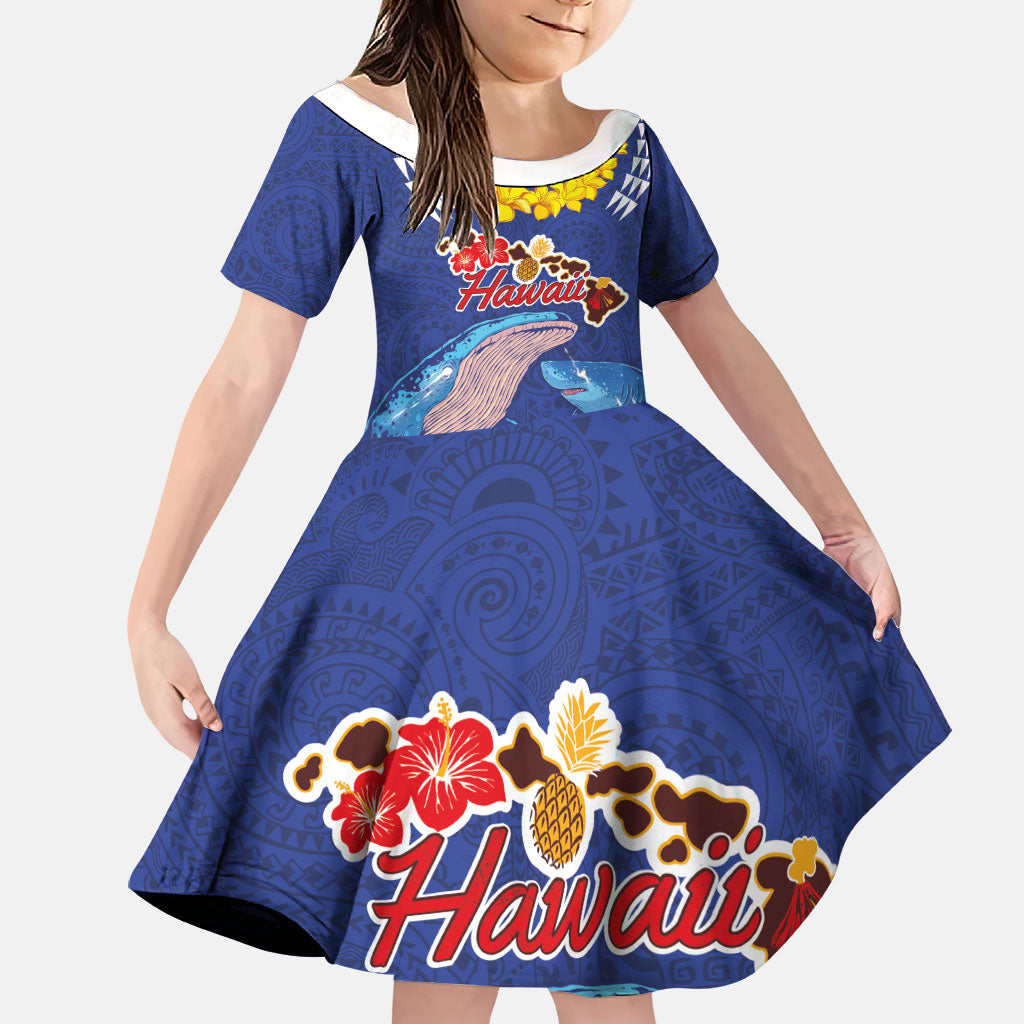 Hawaiian Sea Animals Family Matching Off Shoulder Short Dress and Hawaiian Shirt Whales Shark and Turtle Guardians with Tribal Pattern LT03 Daughter's Dress Blue - Polynesian Pride